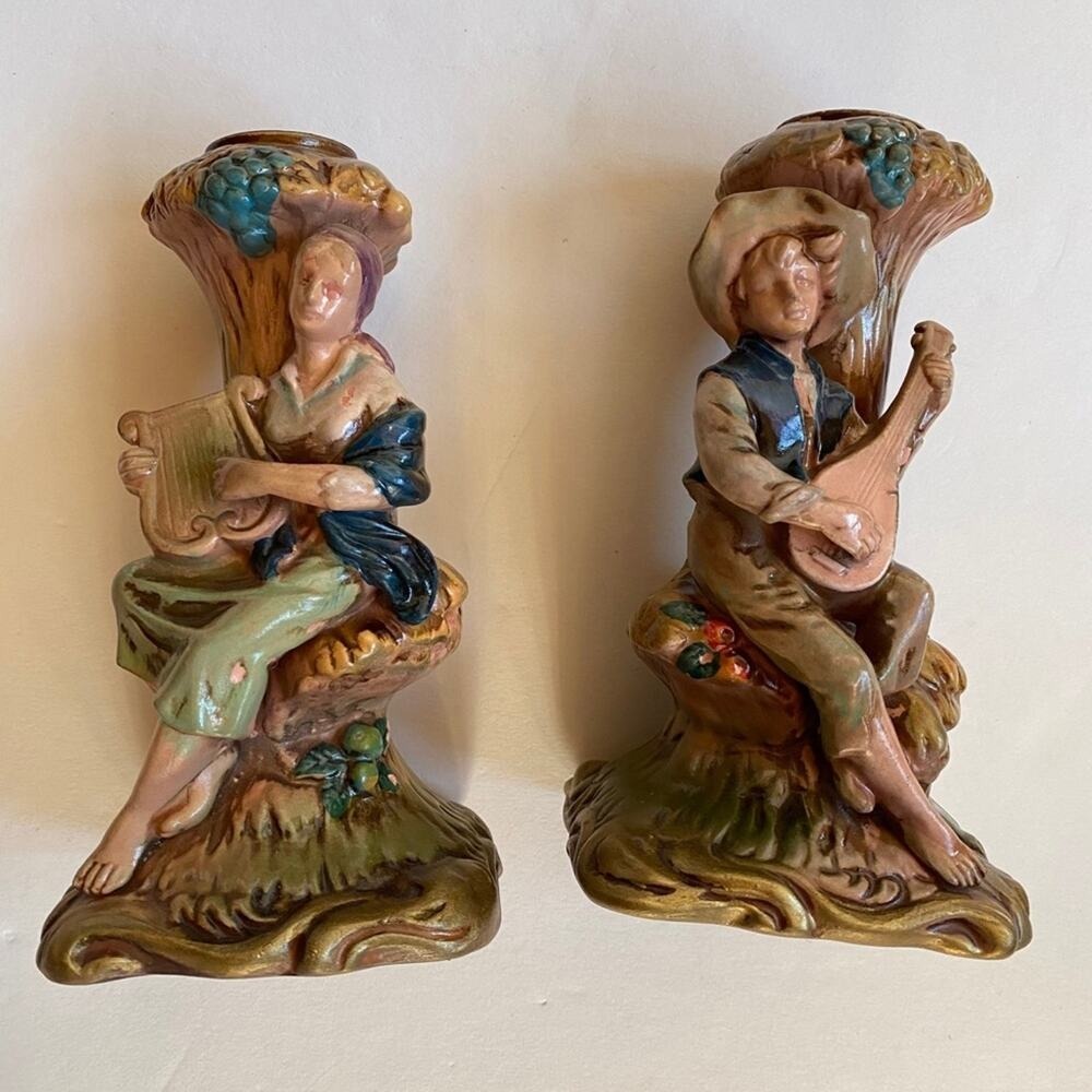 Arcadia Candle Holders Courting Couple Figural Set‎ - Hand-Painted 50s Giftware